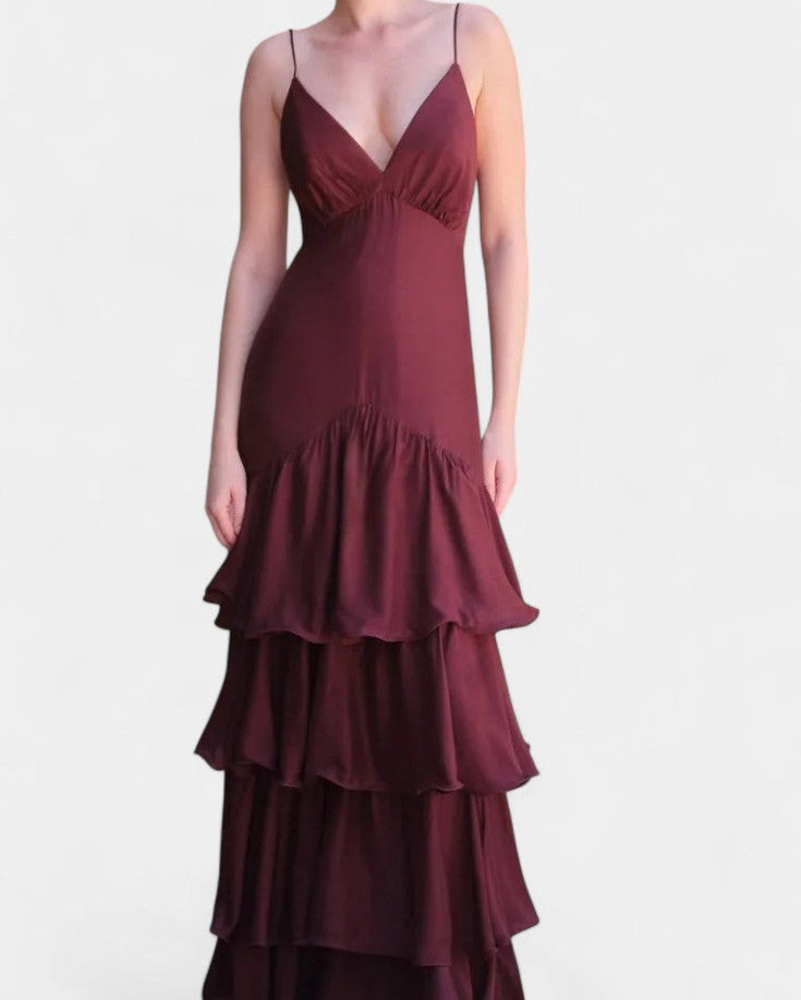Atlana Vestido Maxi Burdeos con Volantes en Capas