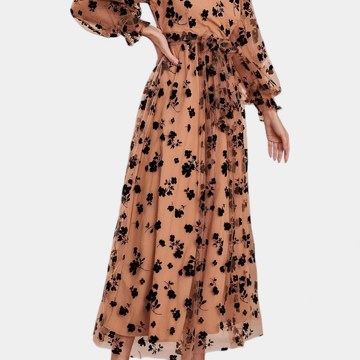 Iolanda Vestido Maxi de Encaje Floral con Mangas de Linterna