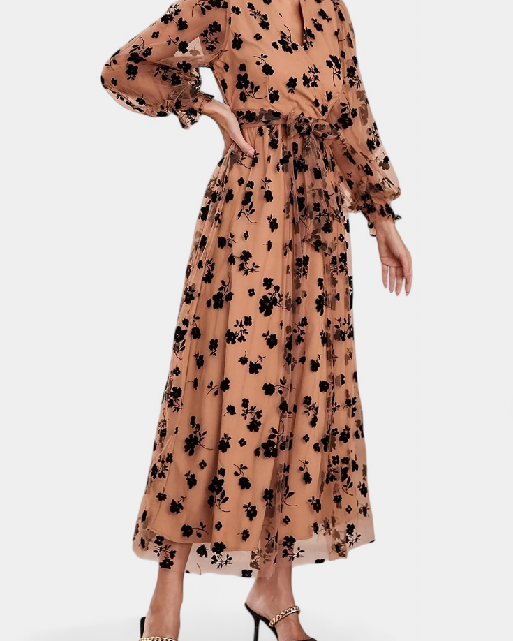 Iolanda Vestido Maxi de Encaje Floral con Mangas de Linterna