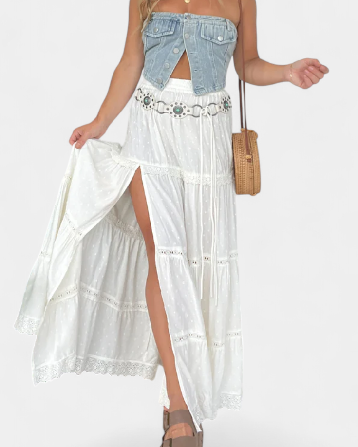 Dola Falda Maxi Boho con Encaje y Abertura Frontal