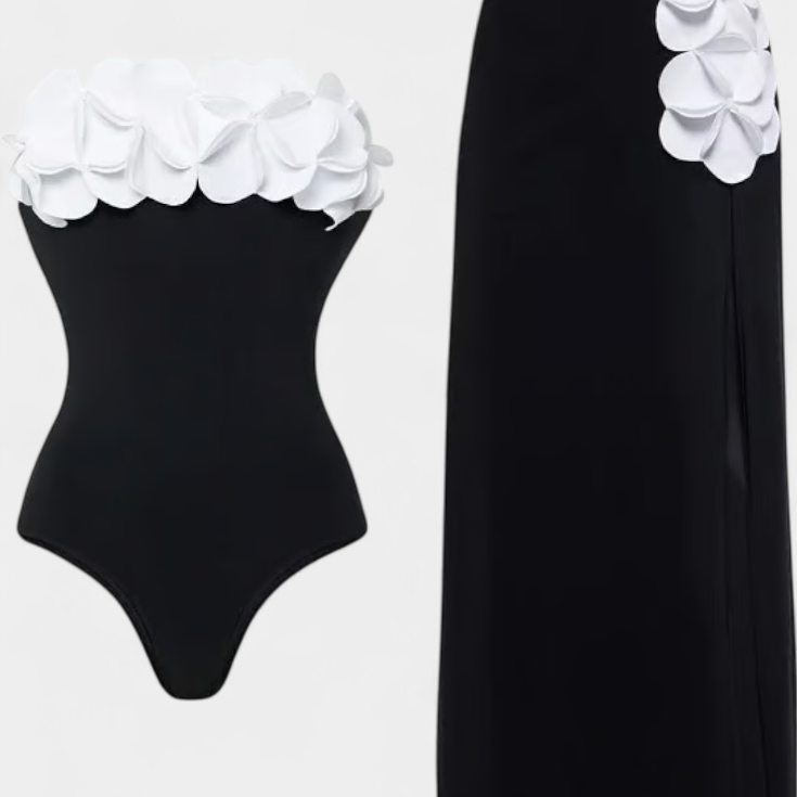 Ahria | Conjunto de Bañador con Flores 3D y Falda Envolvente