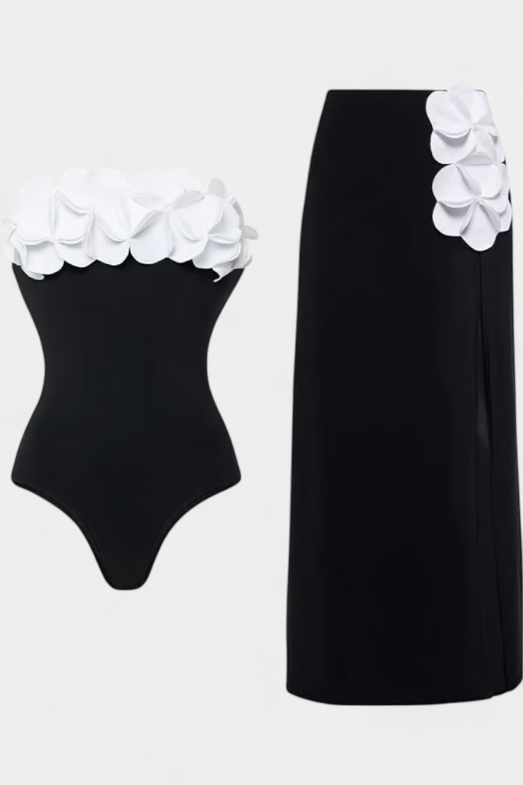 Ahria | Conjunto de Bañador con Flores 3D y Falda Envolvente