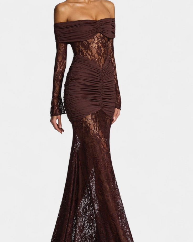 Bruma Vestido Maxi de Encaje con Ruches sin Tirantes