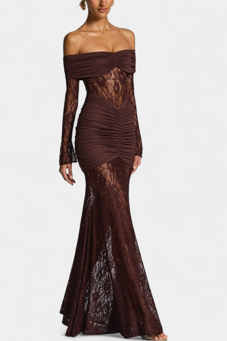 Bruma Vestido Maxi de Encaje con Ruches sin Tirantes