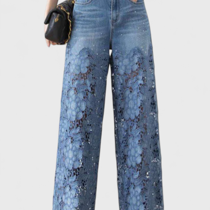 Jasiel | Pantalón Palazzo de Encaje Denim con Bordado Floral
