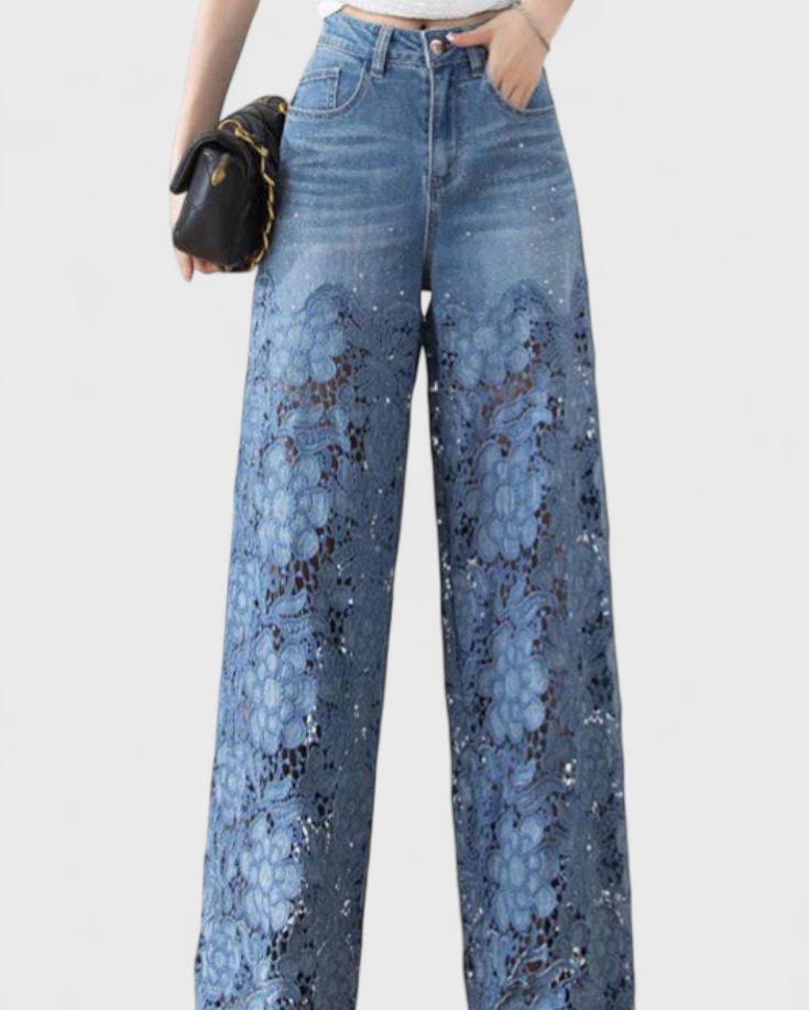 Jasiel | Pantalón Palazzo de Encaje Denim con Bordado Floral