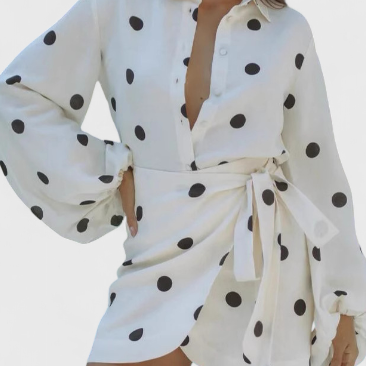Romara Vestido Mini de Lunares con Manga Larga y Cintura Entallada