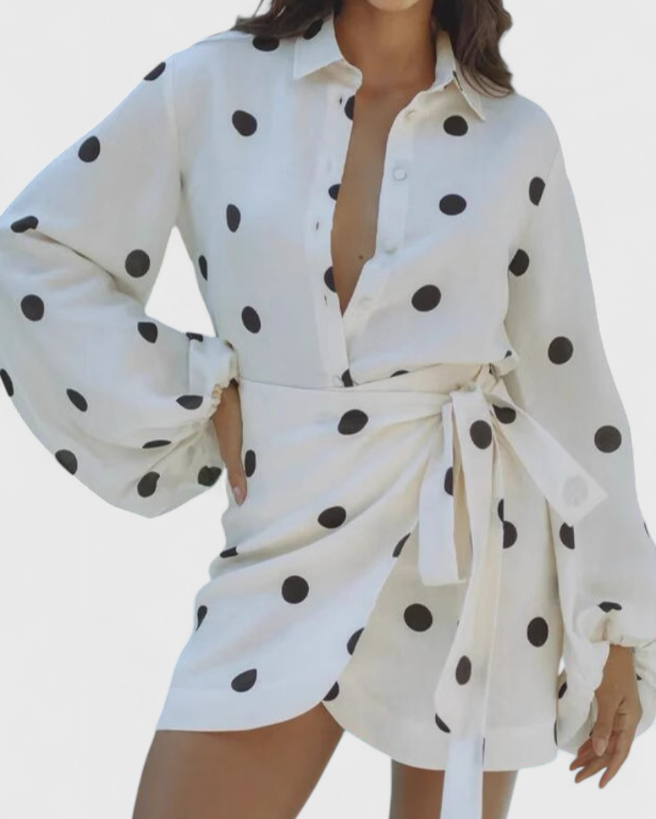 Romara Vestido Mini de Lunares con Manga Larga y Cintura Entallada