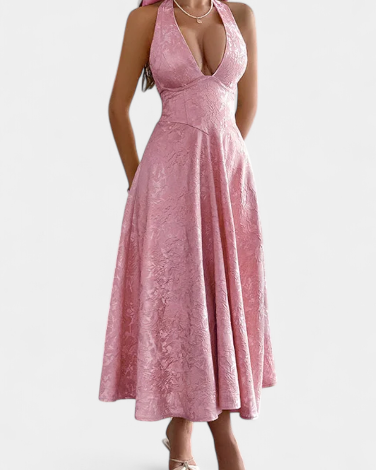 Gilda Vestido Midi Jacquard con Espalda Abierta y Cintura Alta