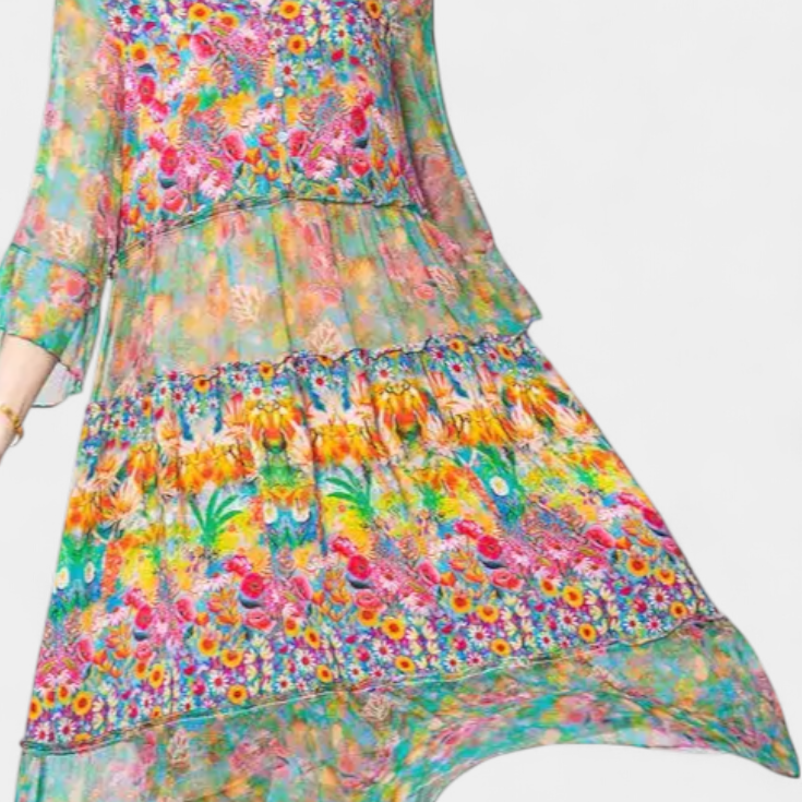 Kate Vestido Midi Vaporoso con Estampado Floral Artístico