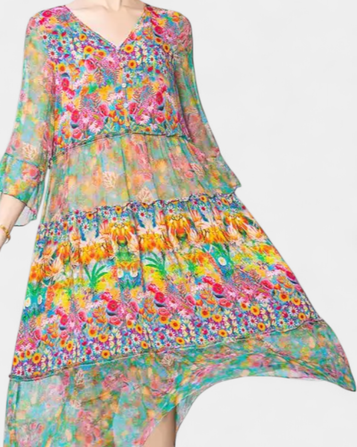 Kate Vestido Midi Vaporoso con Estampado Floral Artístico