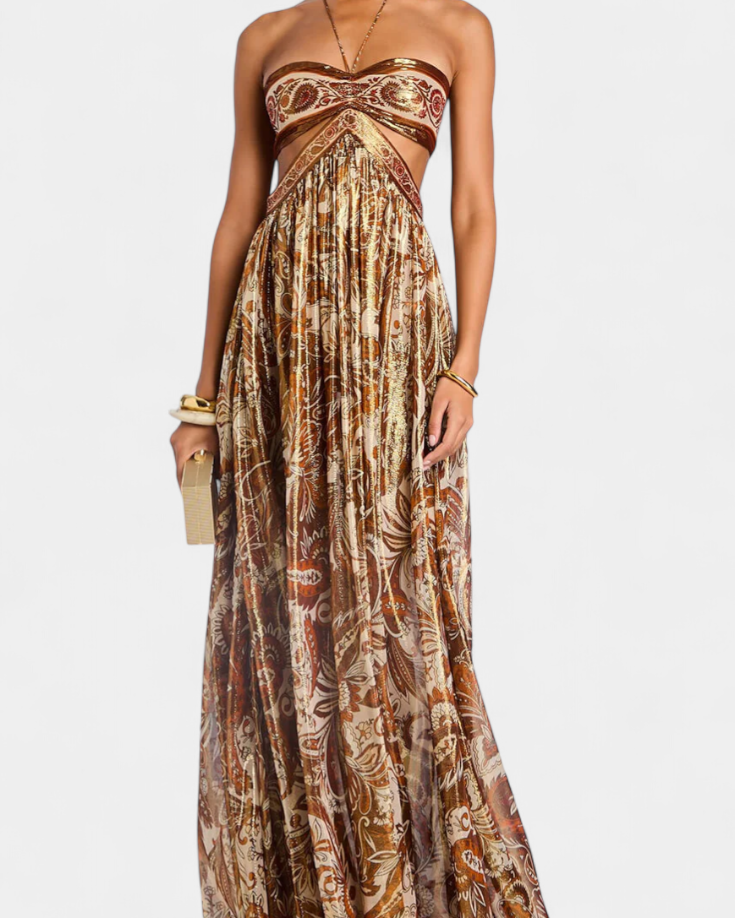 Tasha Vestido Maxi Halter con Espalda Descubierta y Detalles Huecos