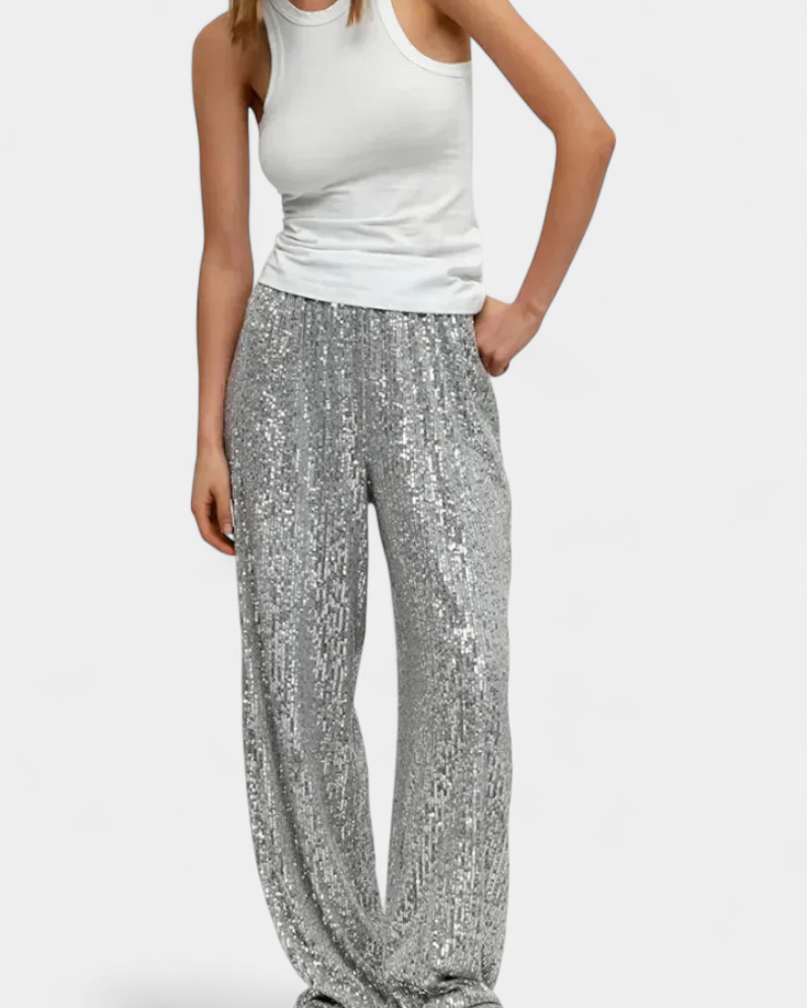Elva | Pantalones de Lentejuelas de Cintura Alta y Corte Holgado