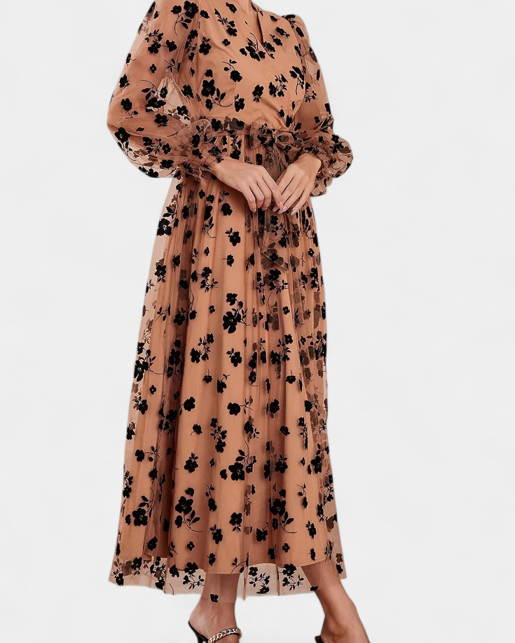 Iolanda Vestido Maxi de Encaje Floral con Mangas de Linterna