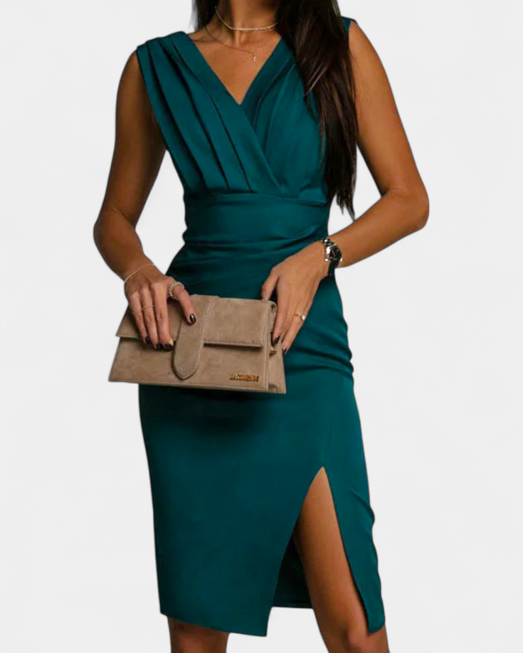 Rosanna Vestido Ceñido Elegante con Escote en V y Abertura Lateral