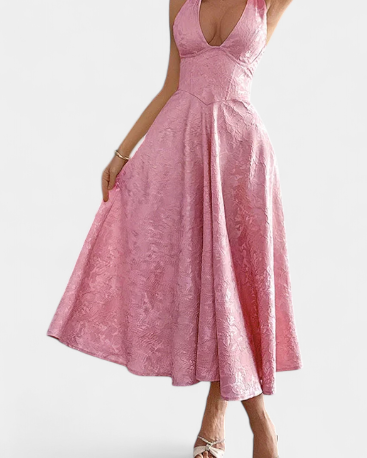 Gilda Vestido Midi Jacquard con Espalda Abierta y Cintura Alta