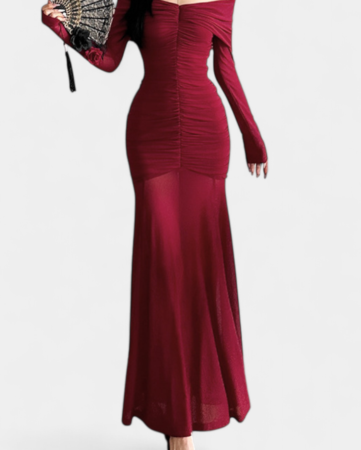 Cornella Vestido Maxi Strapless con Fruncidos Esculturales