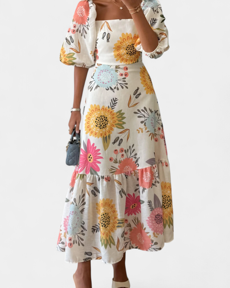 Kacey Vestido Midi de Algodón con Estampado Floral y Manga Abullonada