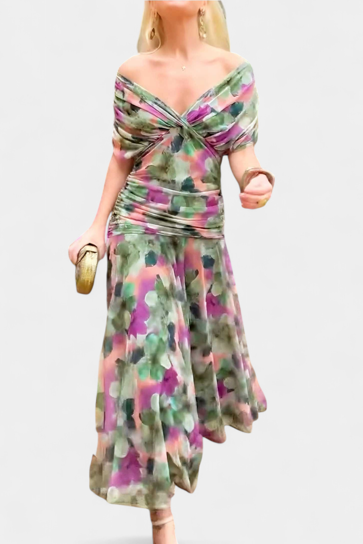 Vestido Largo Floral con Escote en V y Elegancia Romántica