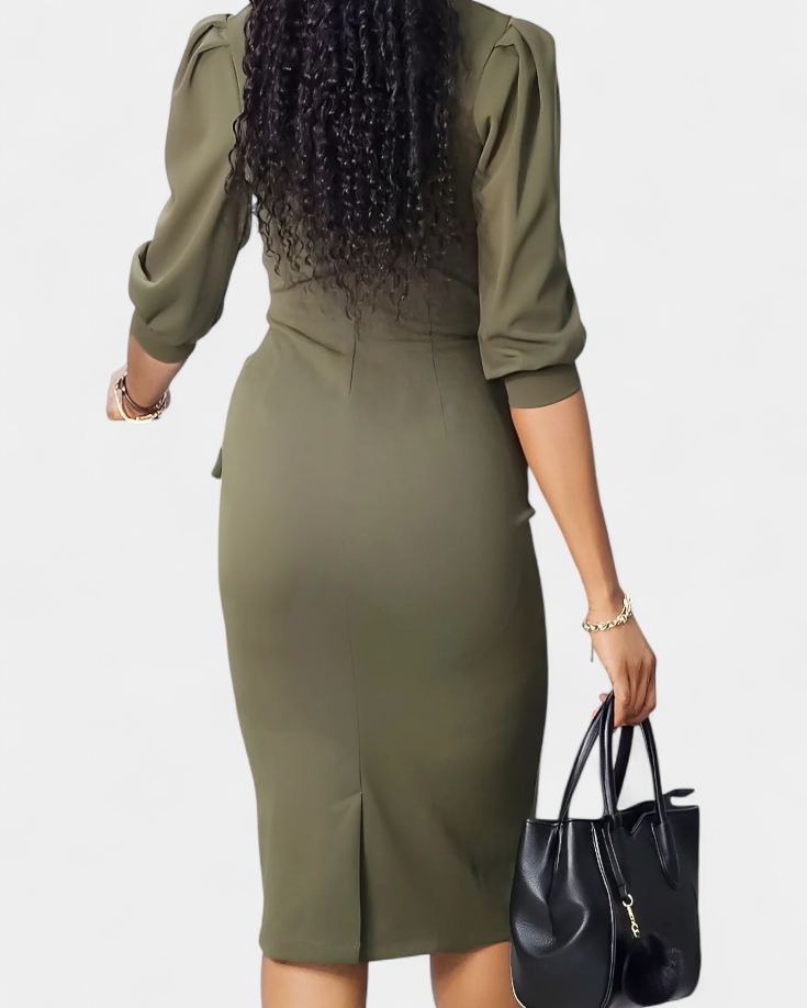Reanna Vestido Midi Ajustado con Mangas Abullonadas