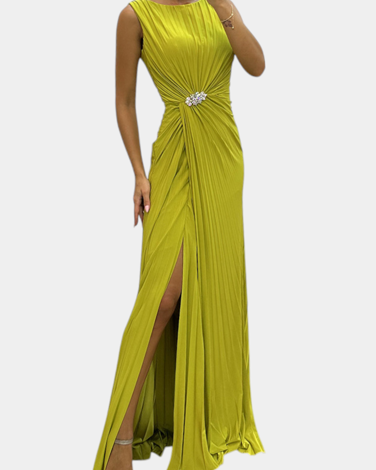 Shiloh Vestido Maxi Plisado con Abertura Lateral y Escote Cruzado