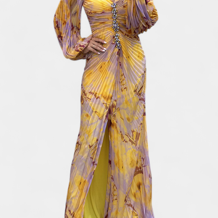 Quintessa | Vestido Maxi Plisado con Mangas Largas y Estampado Vibrante