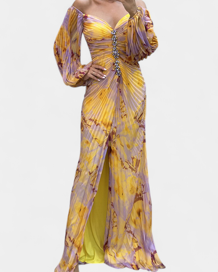 Quintessa | Vestido Maxi Plisado con Mangas Largas y Estampado Vibrante