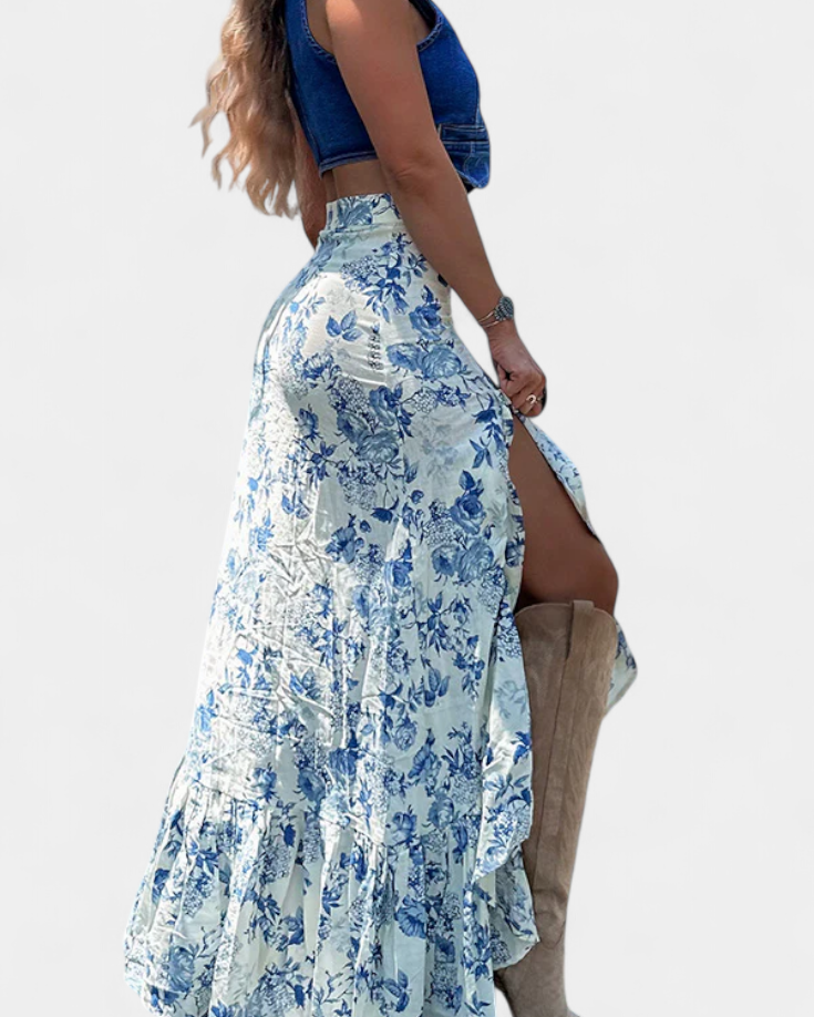 Kala Falda Maxi Floral con Abertura y Volantes