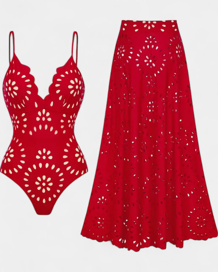 Ahria | Swimsuit con Falda y Detalle Floral Calado