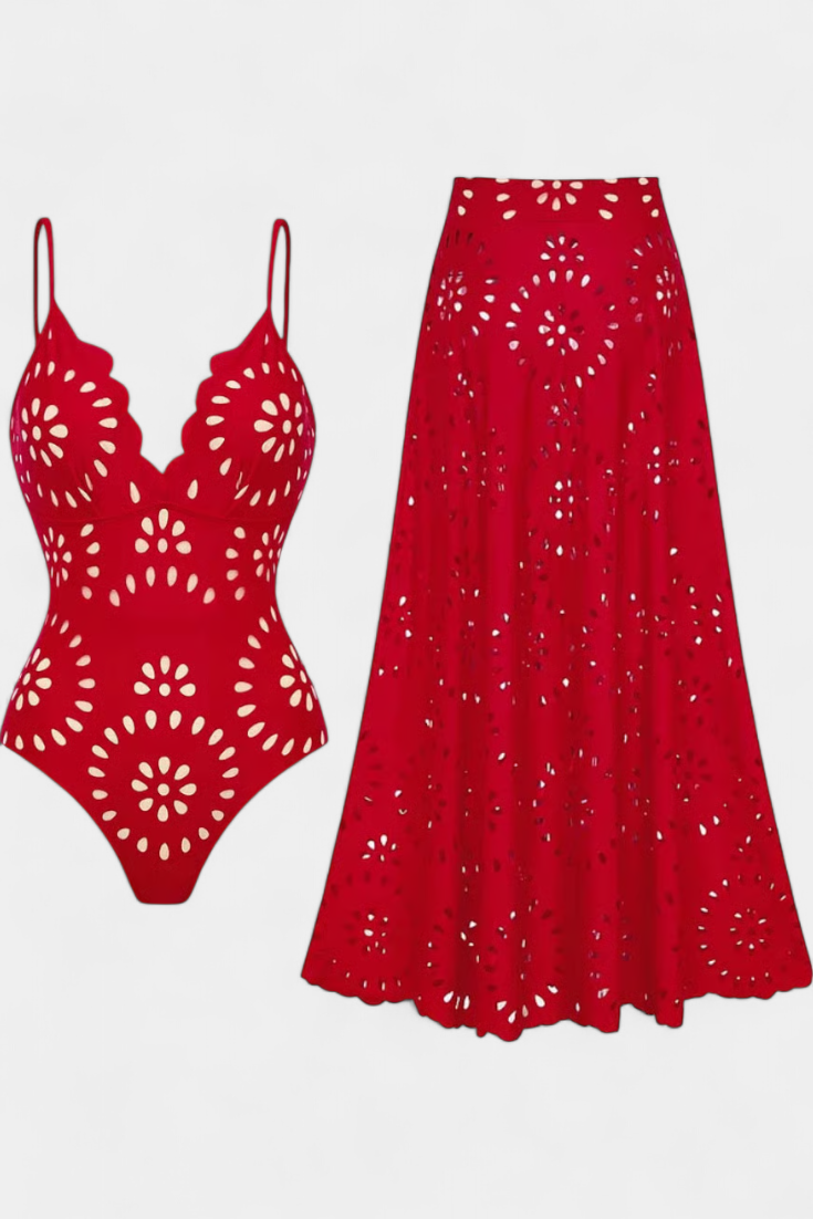 Ahria | Swimsuit con Falda y Detalle Floral Calado