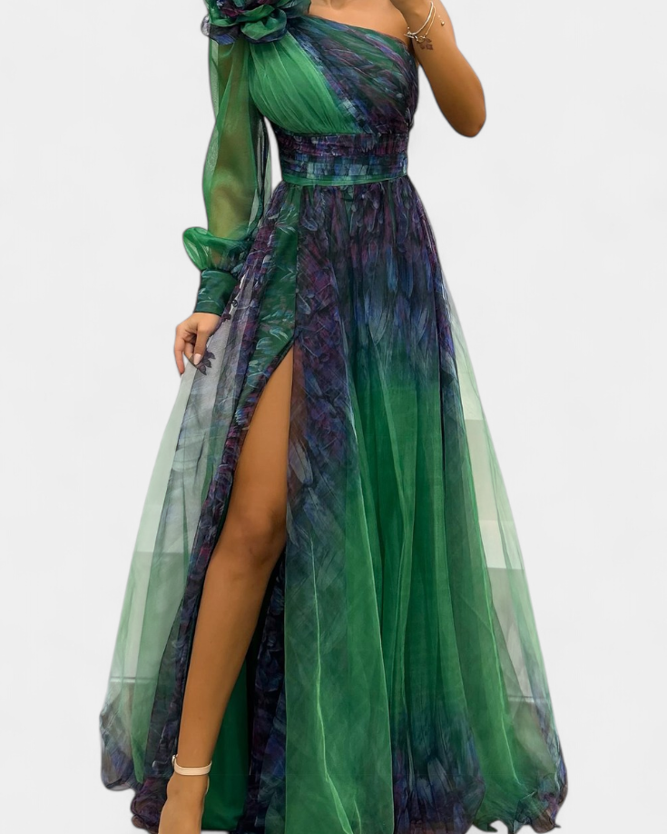 Becca Vestido Maxi de Chiffón con Hombro Descubierto y Flor Voluminosa