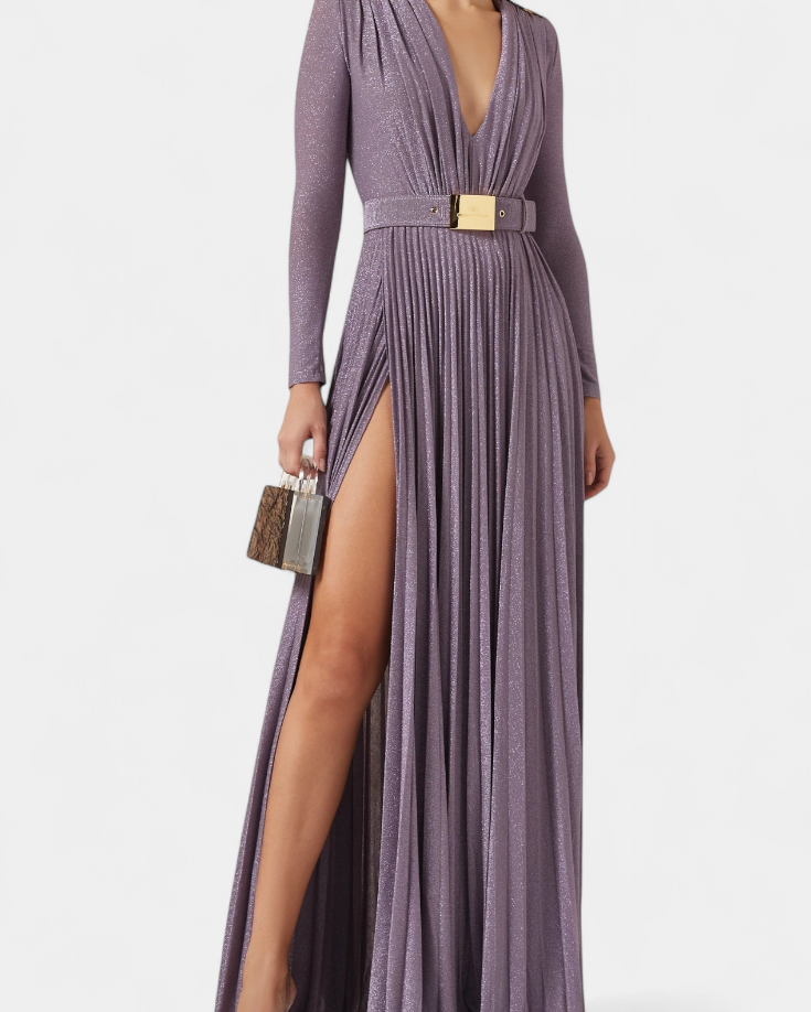 Raisa Vestido Largo Plisado con Escote Profundo