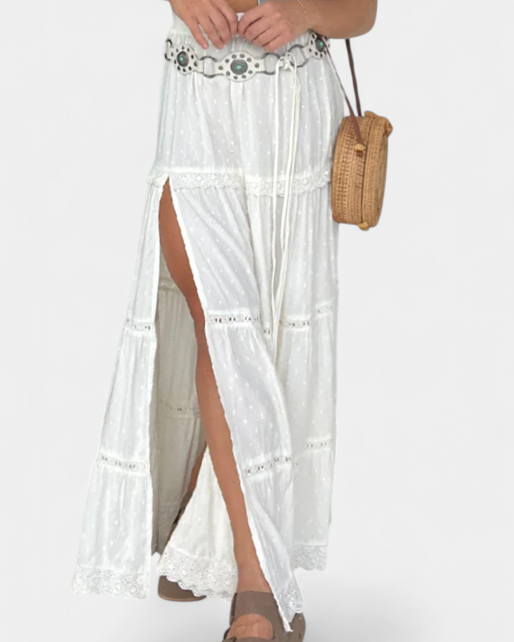 Dola Falda Maxi Boho con Encaje y Abertura Frontal