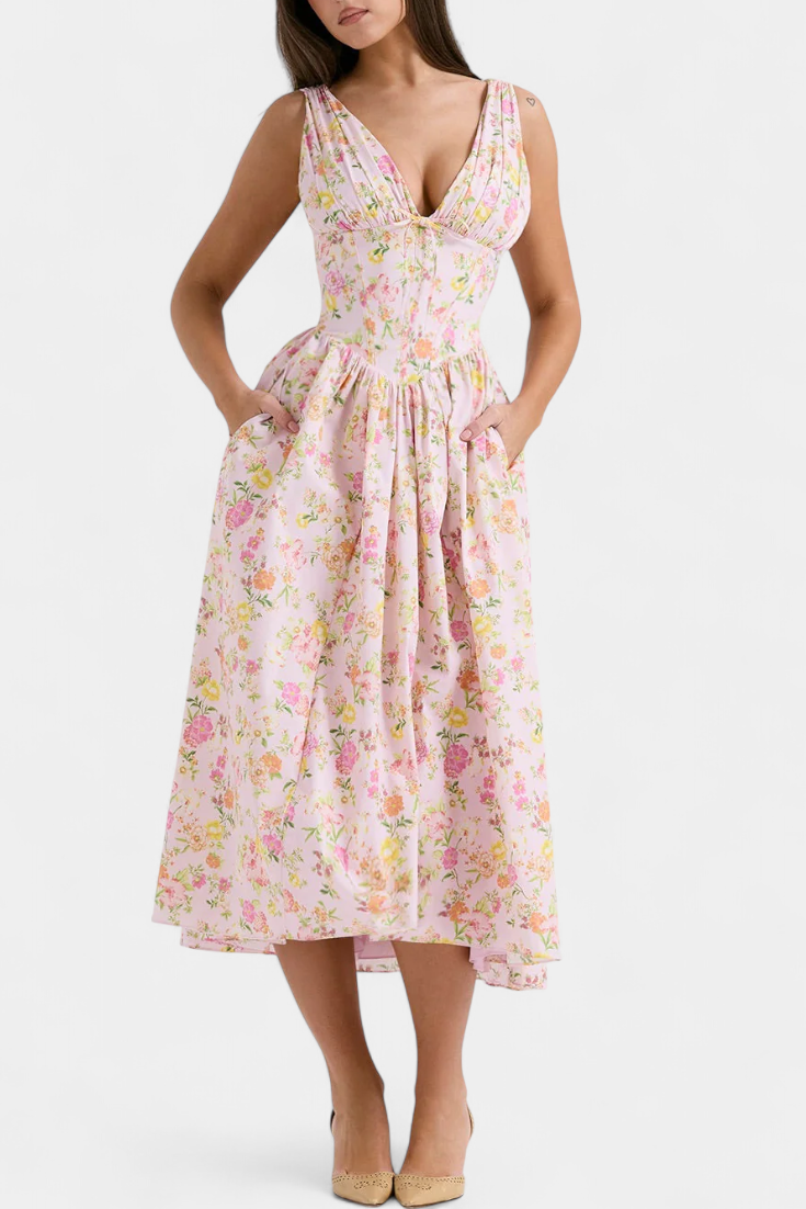 Margie Vestido Midi de Escote en V y Estampado Floral Romántico