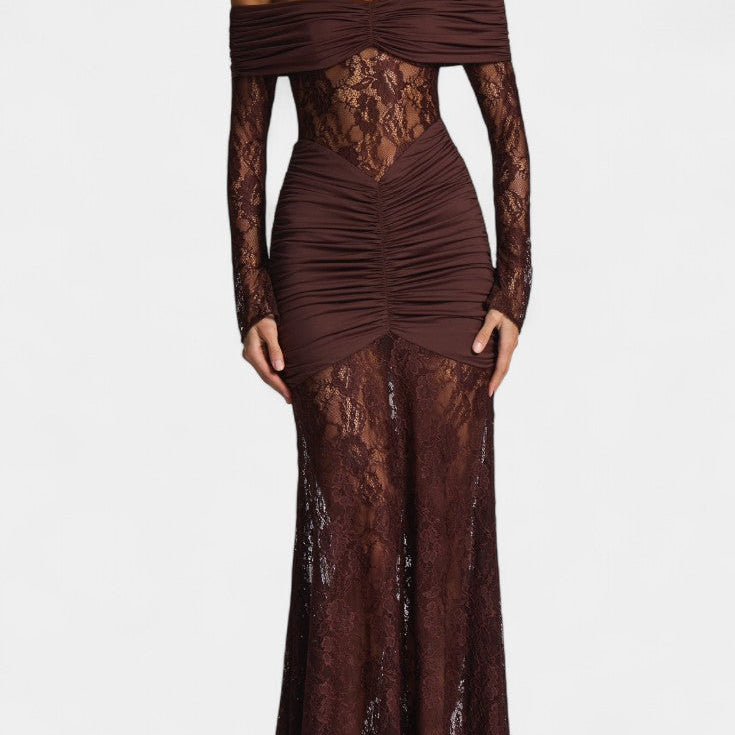 Bruma Vestido Maxi de Encaje con Ruches sin Tirantes