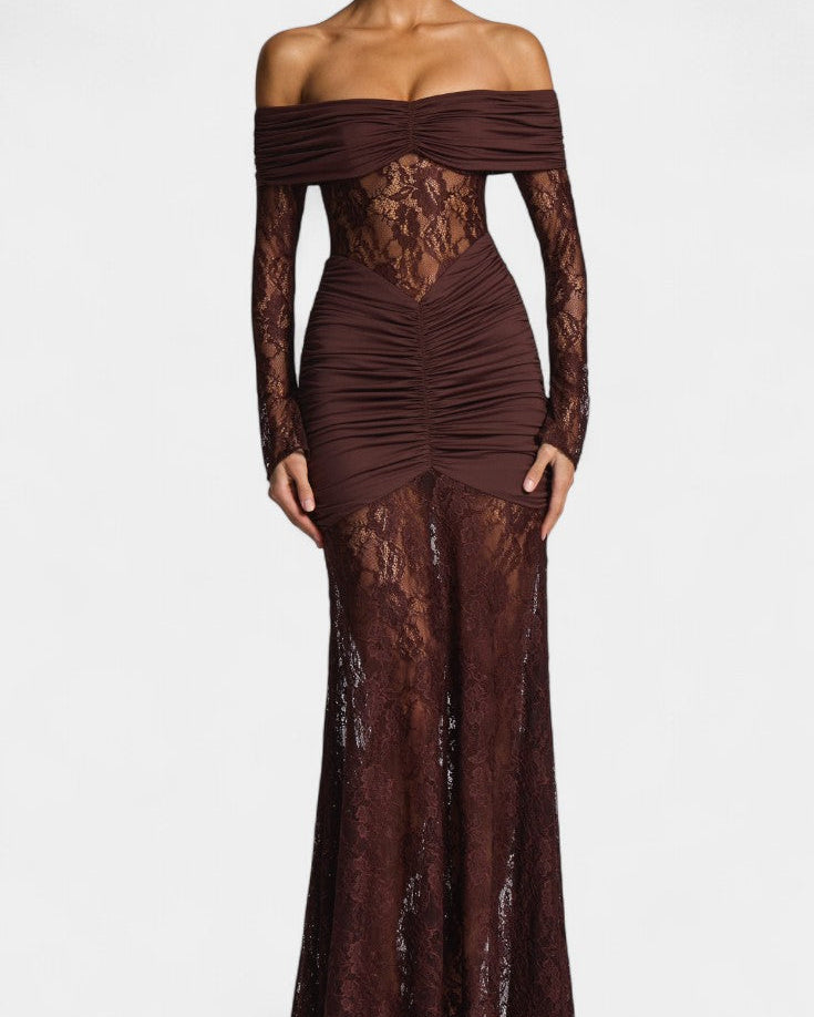 Bruma Vestido Maxi de Encaje con Ruches sin Tirantes