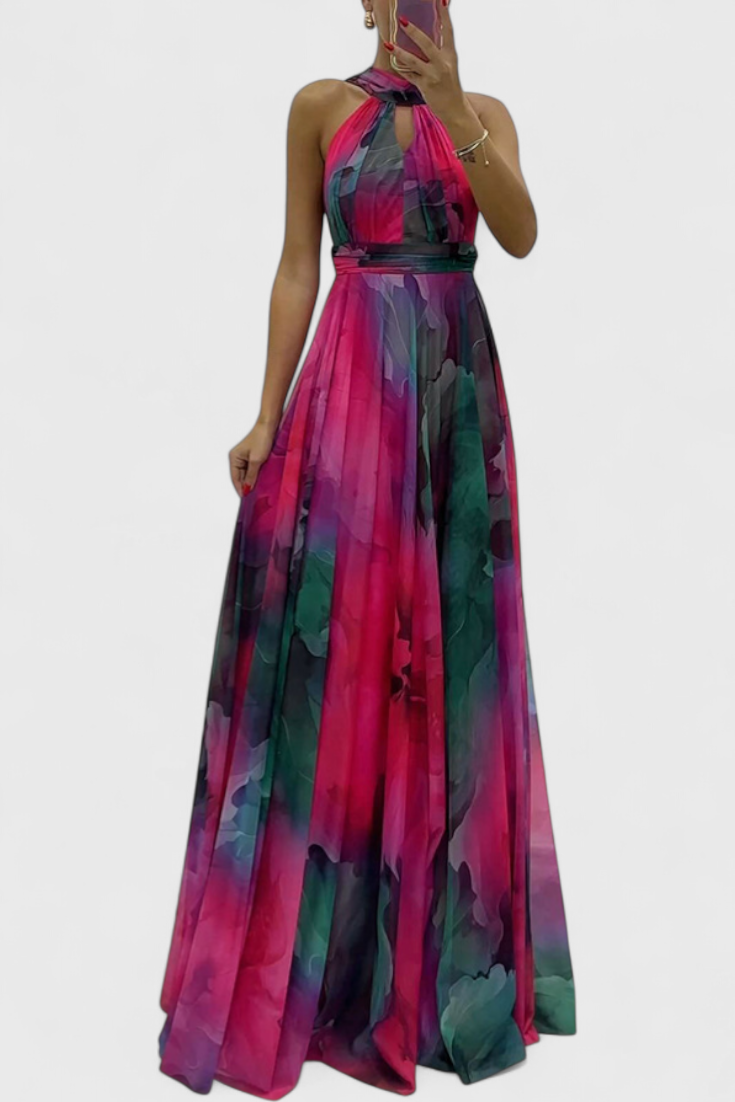 Caprice Vestido Maxi de Gasa con Estampado Floral y Cuello Halter