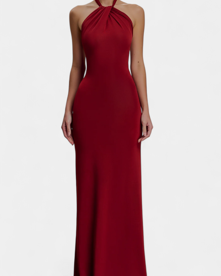 Trinity Vestido Halter Ajustado con Fruncido y Espalda Descubierta