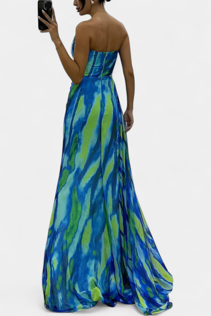 Aylin Vestido Maxi Asimétrico con Estampado Vibrante