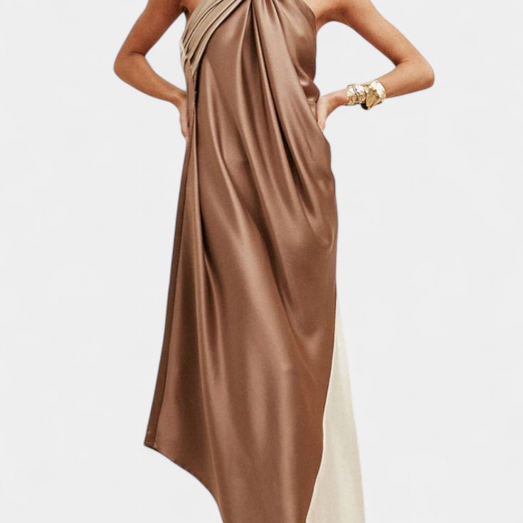 Rebecca Vestido Maxi Irregular de Color Bloque con Espalda Descubierta