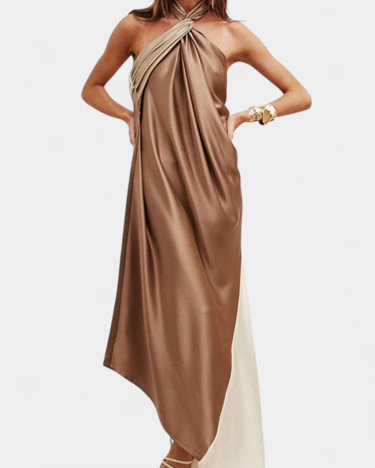 Rebecca Vestido Maxi Irregular de Color Bloque con Espalda Descubierta