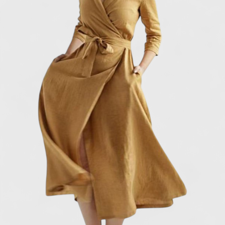 Sharon Vestido Midi Vintage de Algodón y Lino con Cuello de Solapa