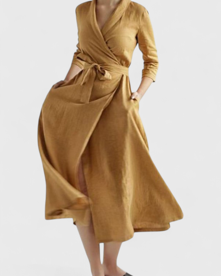 Sharon Vestido Midi Vintage de Algodón y Lino con Cuello de Solapa