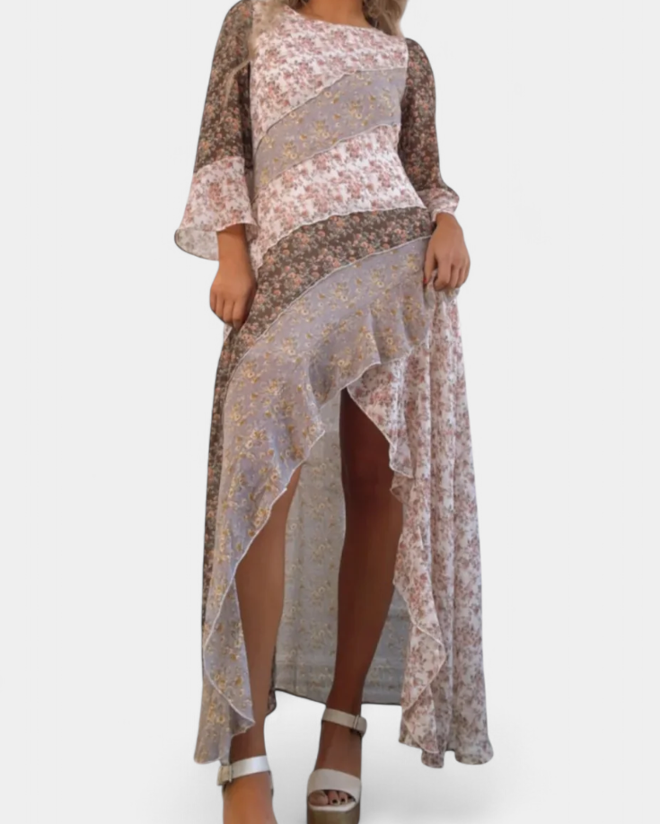 Ruth Vestido Largo Floral con Mangas 3/4 y Paneles Volantes