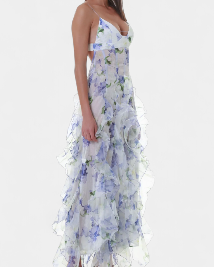 Bonnie Vestido Maxi con Volantes Florales y Corte Lateral
