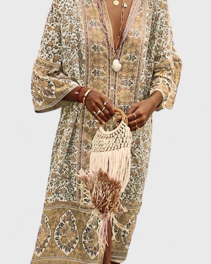 Chinara Vestido Largo Boho con Bordado Étnico y Silueta Relajada