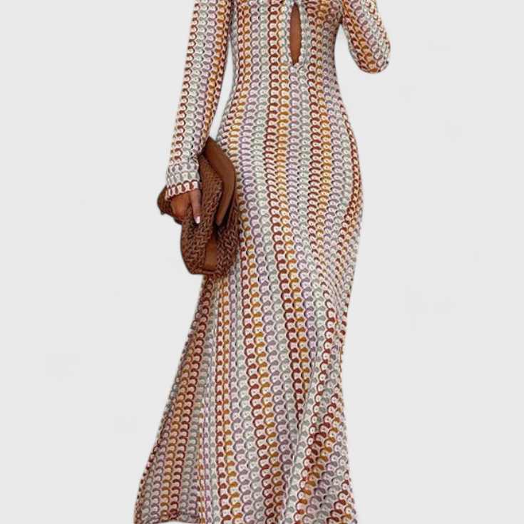 Crisanta Vestido Largo Estampado con Ondas Multicolores y Manga Larga