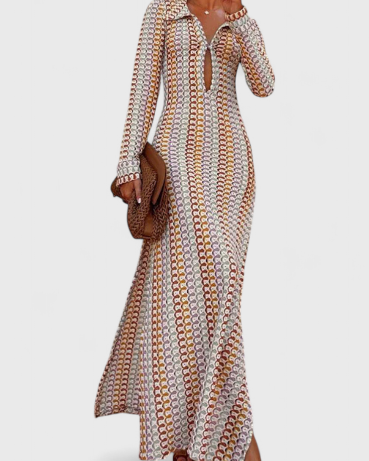 Crisanta Vestido Largo Estampado con Ondas Multicolores y Manga Larga