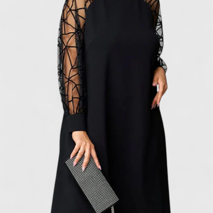 Bellezza Vestido Negro con Mangas de Malla y Corte Holgado
