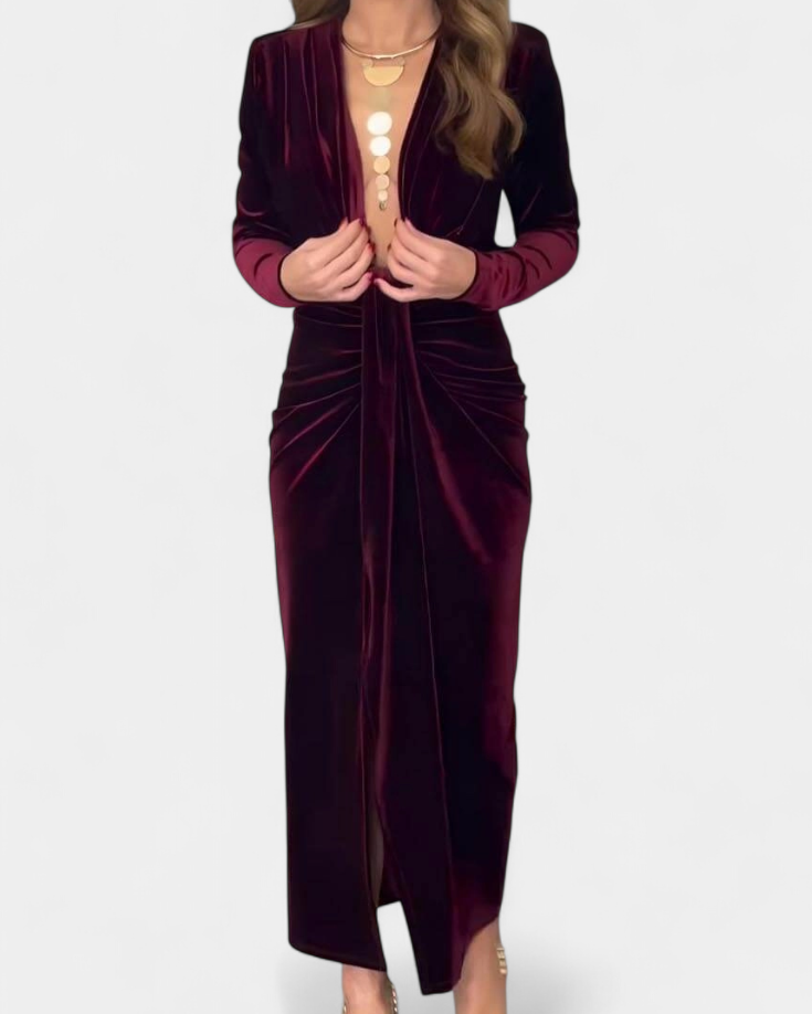 LaVerna Vestido Largo de Terciopelo Dorado con Cuello en V
